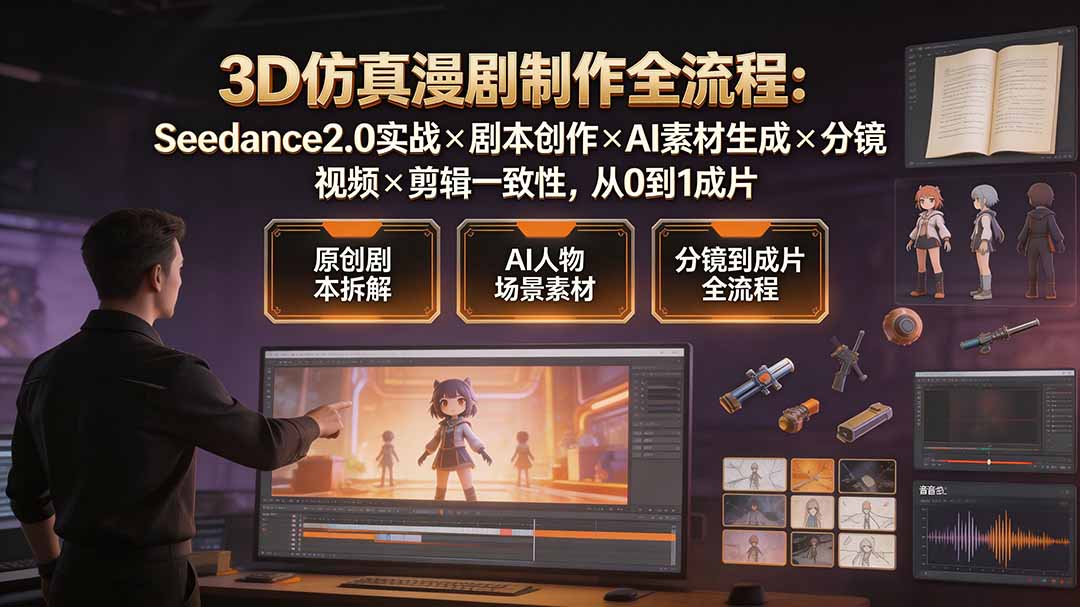 3D仿真漫剧制作全流程：Seedance2.0实战×剧本创作×AI素材生成×分镜视频×剪辑一致性，从0到1成片-吾爱云课堂