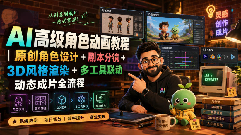 AI高级角色动画教程｜原创角色设计+剧本分镜+3D风格渲染+多工具联动动态成片全流程【中英字幕】-吾爱云课堂