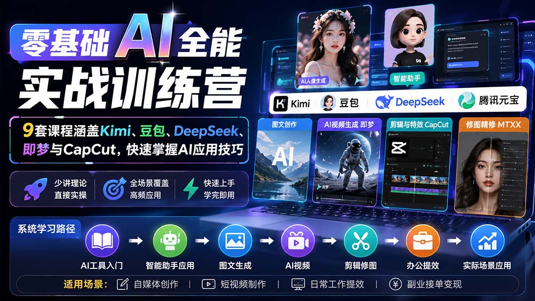 零基础AI全能实战训练营：9套课程涵盖Kimi、豆包、DeepSeek、即梦与CapCut，快速掌握AI应用技巧-吾爱云课堂