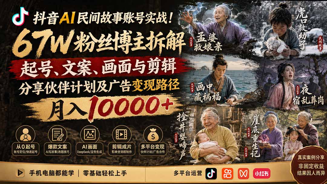 抖音AI民间故事账号实战！67W粉丝博主拆解起号、文案、画面与剪辑，分享伙伴计划及广告变现路径，月入10000+-吾爱云课堂