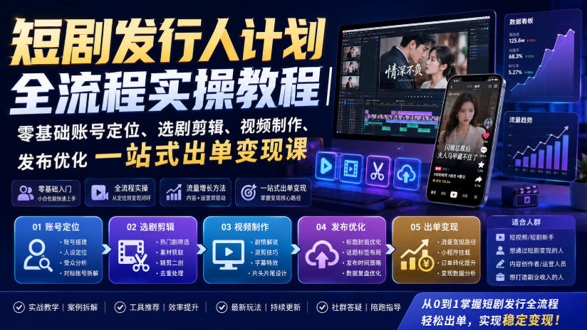 短剧发行人计划全流程实操教程｜零基础账号定位、选剧剪辑、视频制作、发布优化一站式出单变现课​-吾爱云课堂