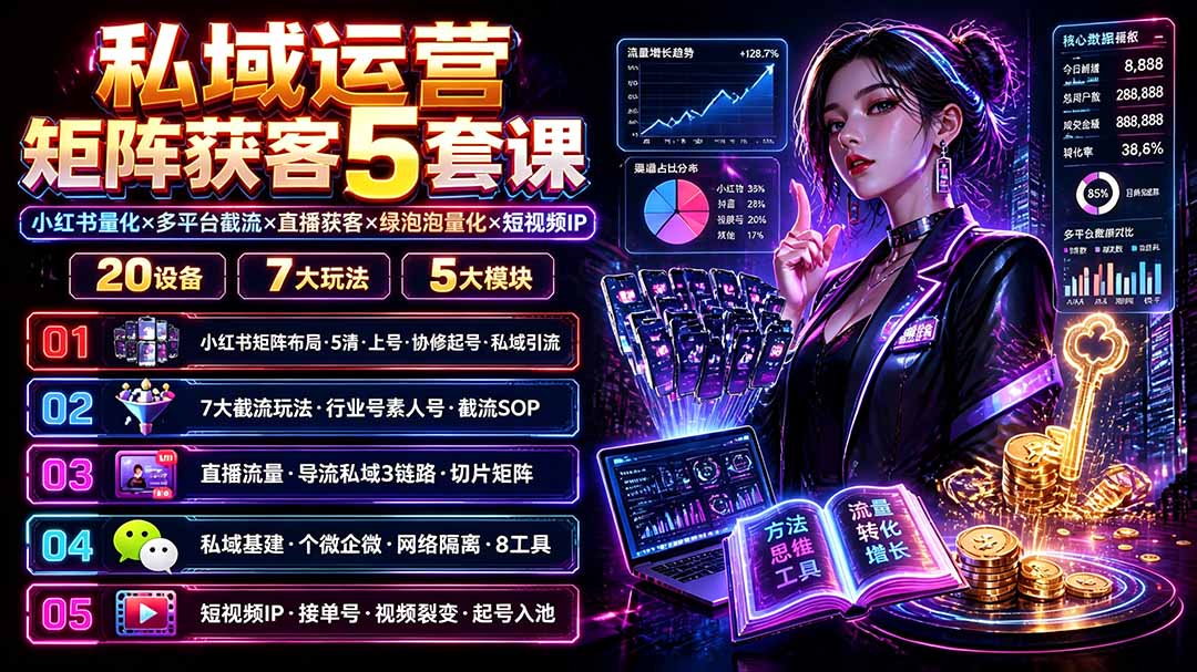 私域运营矩阵获客5套课：小红书量化×多平台截流×直播获客×绿泡泡量化×短视频IP×20设备×7大玩法-吾爱云课堂
