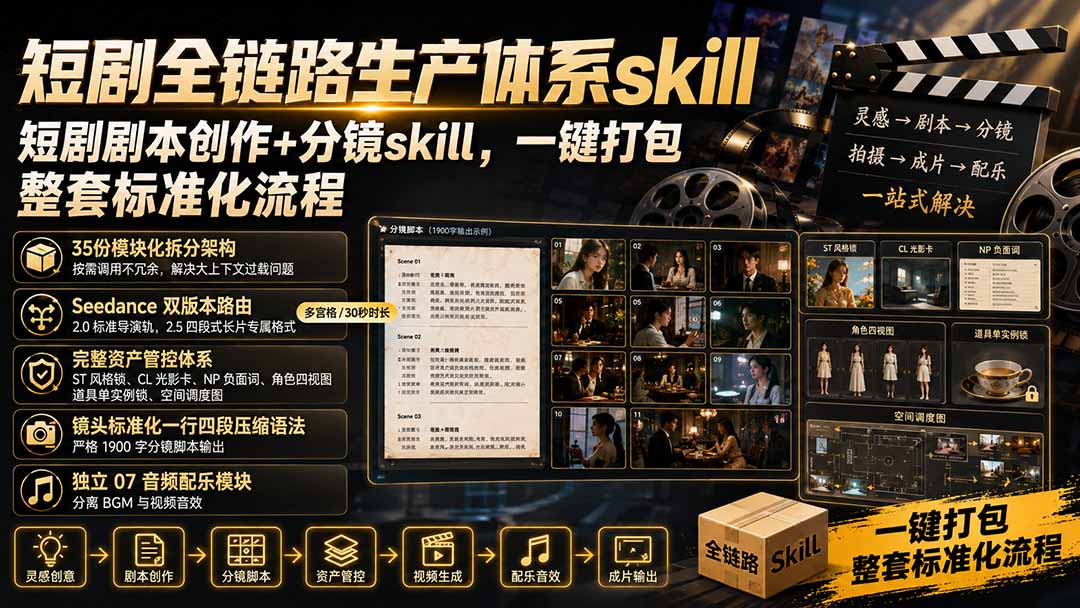 短剧全链路生产体系skill，短剧剧本创作+分镜skill，一键打包，整套标准化流程-吾爱云课堂