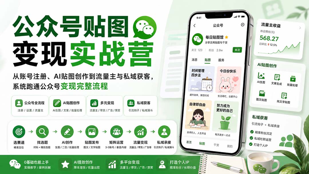 公众号贴图变现实战营：从账号注册、AI贴图创作到流量主与私域获客，系统跑通公众号变现完整流程-吾爱云课堂
