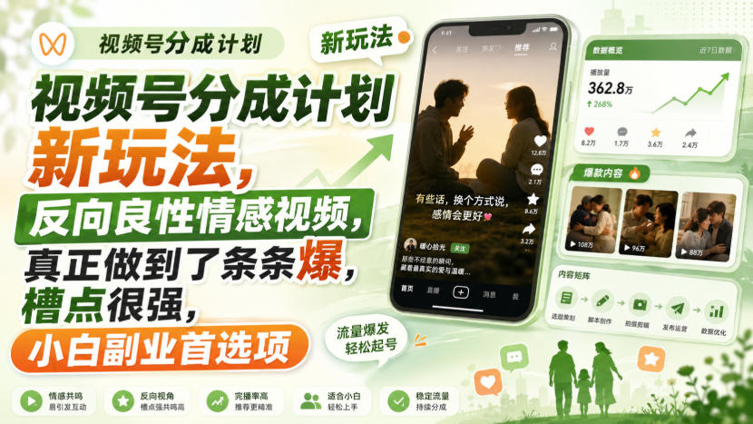 视频号分成计划新玩法，反向良性情感视频，真正做到了条条爆，槽点很强，小白副业首选项-吾爱云课堂