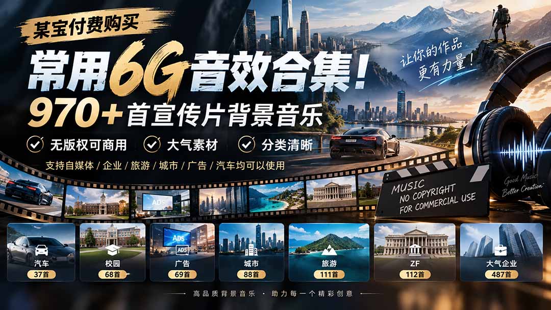 某宝付费购买，常用6G音效合集！970+首宣传片背景音乐，无版权可商用大气素材，分类清晰-吾爱云课堂
