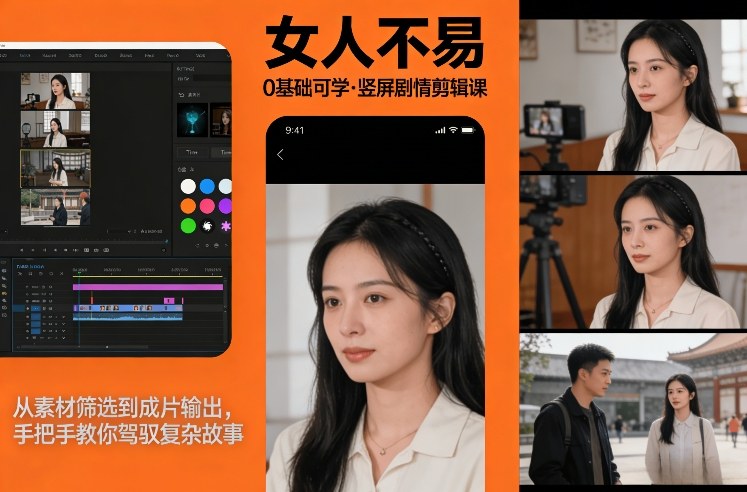 0基础可学！《女人不易》竖屏剧情剪辑课，从素材筛选到成片输出，手把手教你驾驭复杂故事-吾爱云课堂