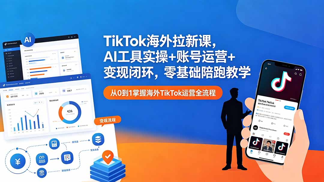 TikTok海外拉新课，AI工具实操+账号运营+变现闭环，零基础陪跑教学-吾爱云课堂