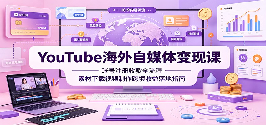 YouTube海外自媒体变现课：账号注册收款全流程，素材下载视频制作跨境收益落地指南-吾爱云课堂