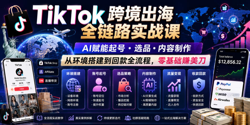 TikTok跨境出海全链路实战课，AI赋能起号・选品・内容制作，从环境搭建到回款全流程，零基础賺美刀-吾爱云课堂