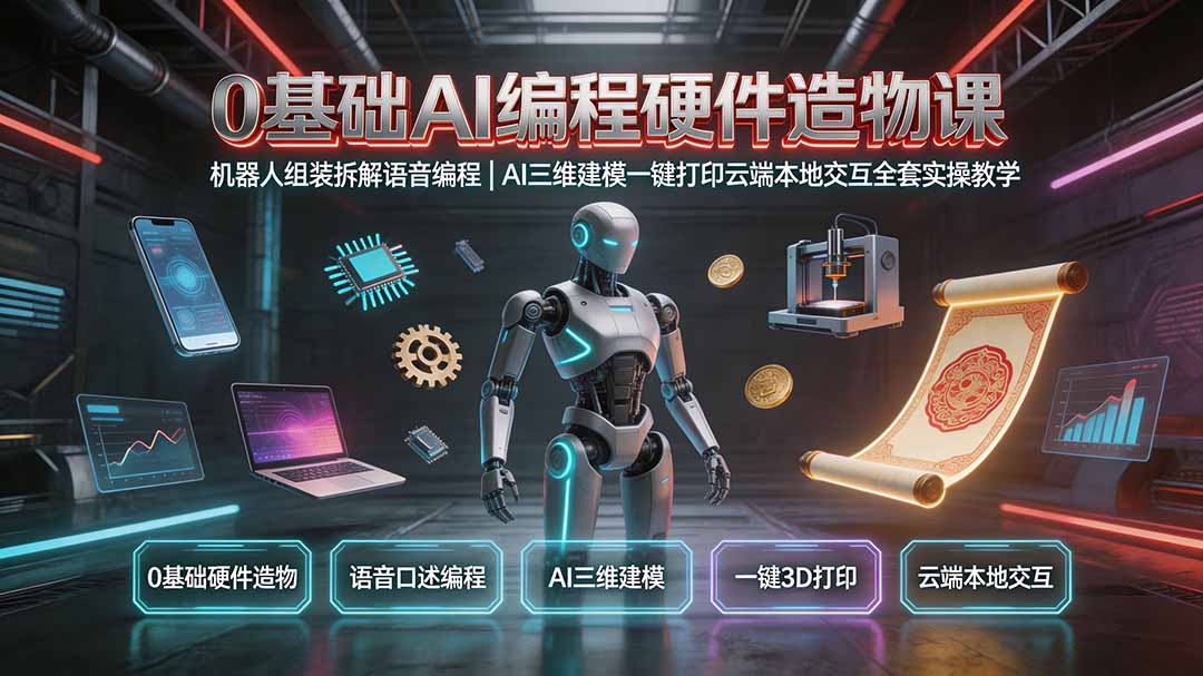 0基础AI编程硬件造物课｜机器人组装拆解语音编程，AI三维建模一键打印云端本地交互全套实操教学-吾爱云课堂