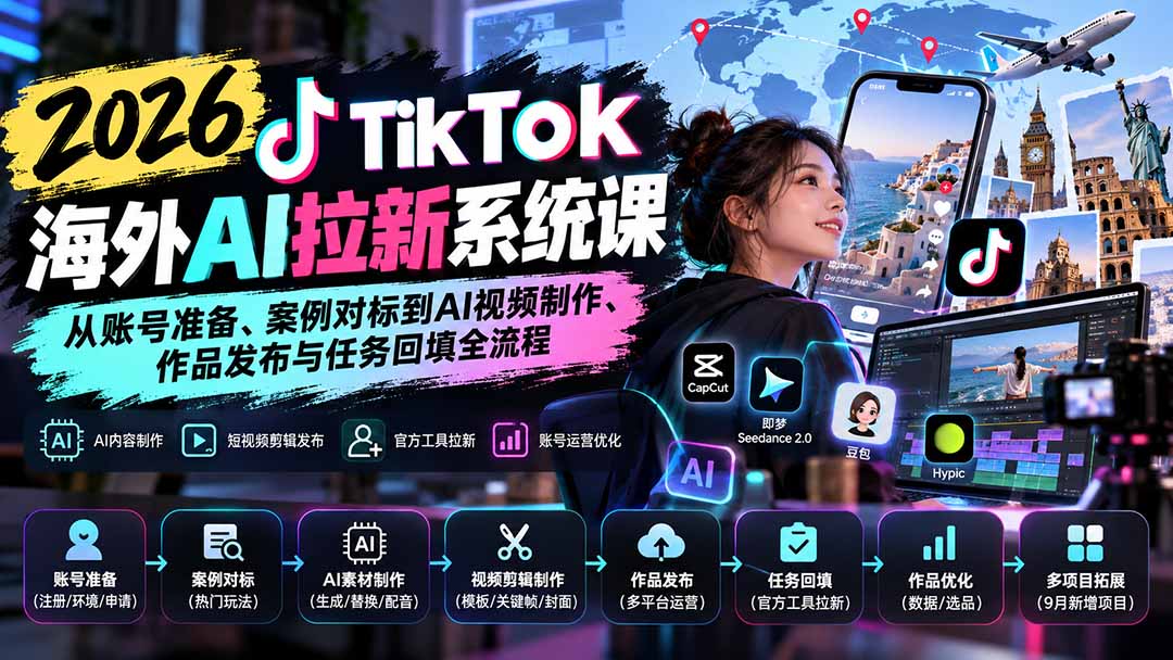 【无水印】2026 TikTok海外AI拉新系统课：从账号准备、案例对标到AI视频制作、作品发布与任务回填全流程-吾爱云课堂