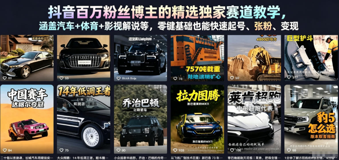 抖音百万粉丝博主的精选独家赛道教学，涵盖汽车+体育+影视解说等，零基础也能快速起号、涨粉、变现-吾爱云课堂
