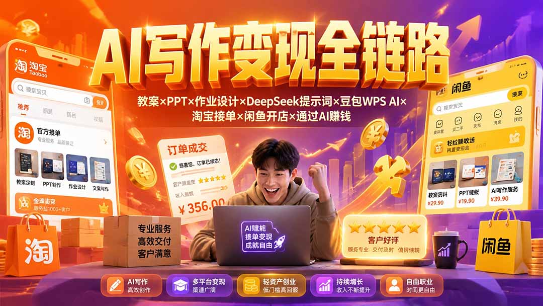 2026AI写作变现全链路:教案×PPT×作业设计×DeepSeek提示词×豆包WPS AI×淘宝接单×闲鱼开店×通过AI賺钱-吾爱云课堂