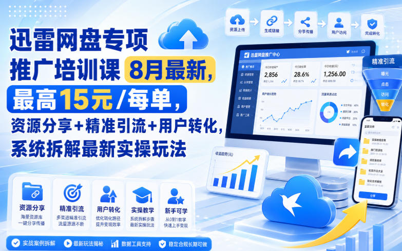 迅雷网盘专项推广培训课8月最新，最高15米/每单，资源分享+精准引流+用户转化，系统拆解最新实操玩法(更新0824)-吾爱云课堂