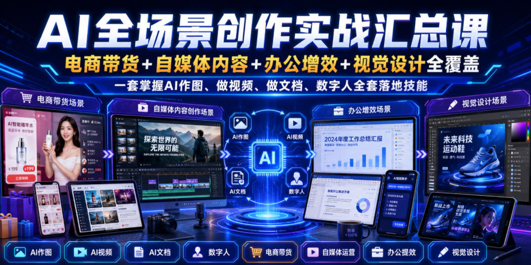 AI全场景创作实战汇总课｜电商带货+自媒体内容+办公增效+视觉设计全覆盖，一套掌握AI作图、做视频、做文档、数字人全套落地技能-吾爱云课堂