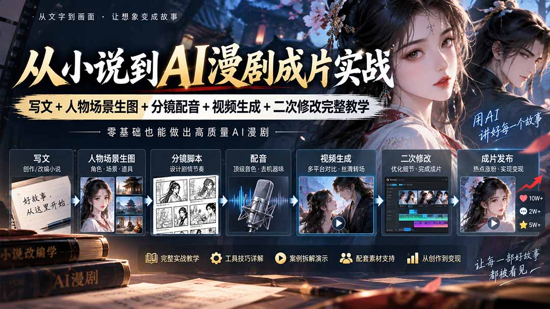 从小说到AI漫剧成片实战：写文+人物场景生图+分镜配音+视频生成+二次修改完整教学-吾爱云课堂
