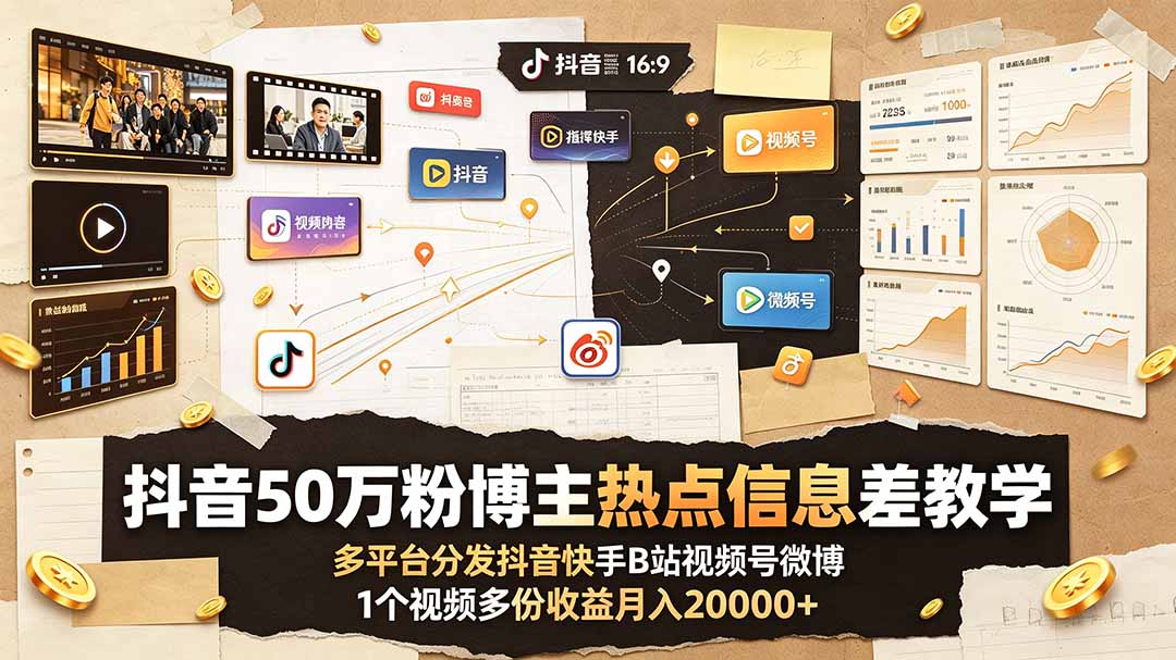 抖音50万粉博主热点信息差教学：多平台分发抖音快手B站视频号微博，1个视频多份收益月入20000+-吾爱云课堂