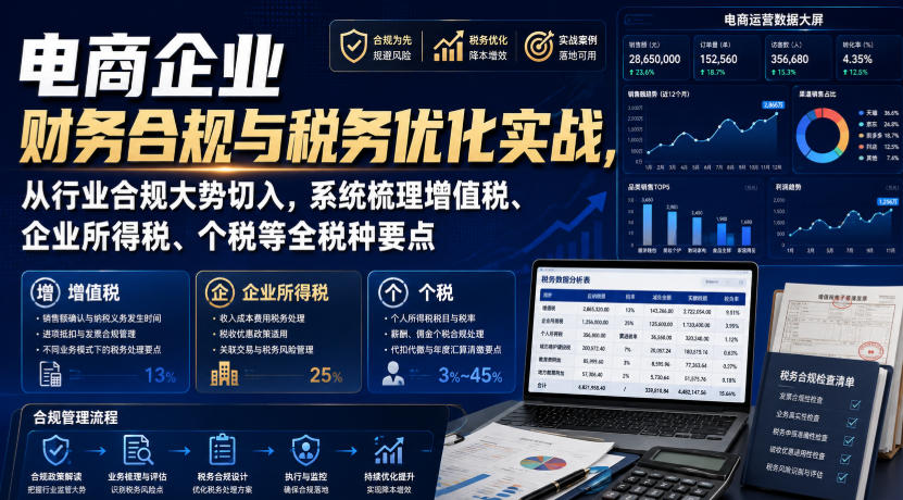 电商企业财务合规与税务优化实战，从行业合规大势切入，系统梳理增值税、企业所得税、个税等全税种要点-吾爱云课堂