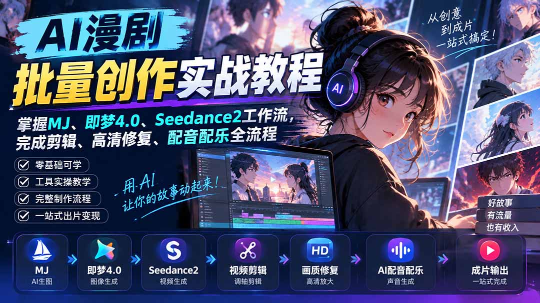 AI漫剧批量创作实战教程：掌握MJ、即梦4.0、Seedance2工作流，完成剪辑、高清修复、配音配乐全流程-吾爱云课堂