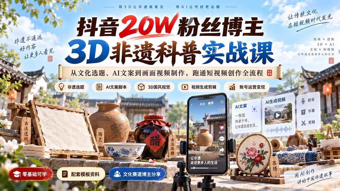 抖音20W粉丝博主3D非遗科普实战课：从文化选题、AI文案到画面视频制作，跑通短视频创作全流程-吾爱云课堂