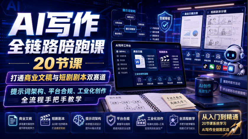 AI写作全链路陪跑课｜20节课打通商业文稿与短剧剧本双赛道，提示词架构、平台合规、工业化创作全流程手把手教学-吾爱云课堂