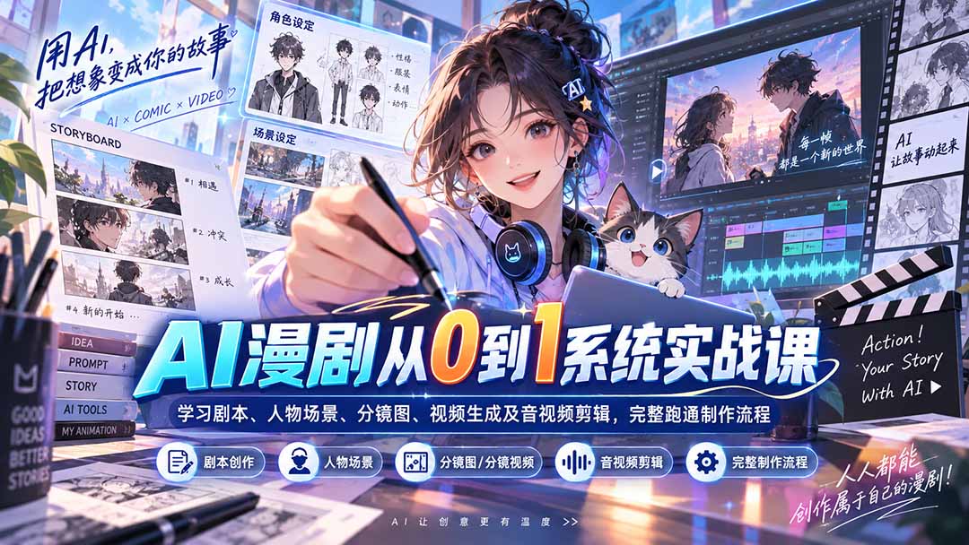 AI漫剧从0到1系统实战课：学习剧本、人物场景、分镜图、视频生成及音视频剪辑，完整跑通制作流程-吾爱云课堂