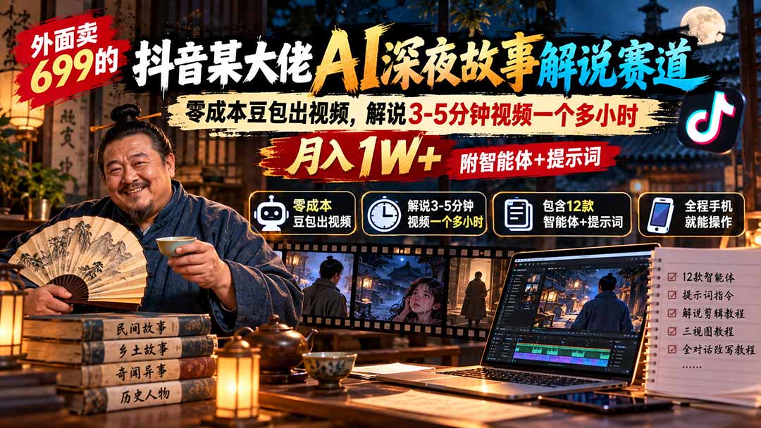 外面卖699的抖音某大佬AI深夜故事解说赛道：零成本豆包出视频，解说3-5分钟视频一个多小时，月入1W+附智能体+提示词-吾爱云课堂