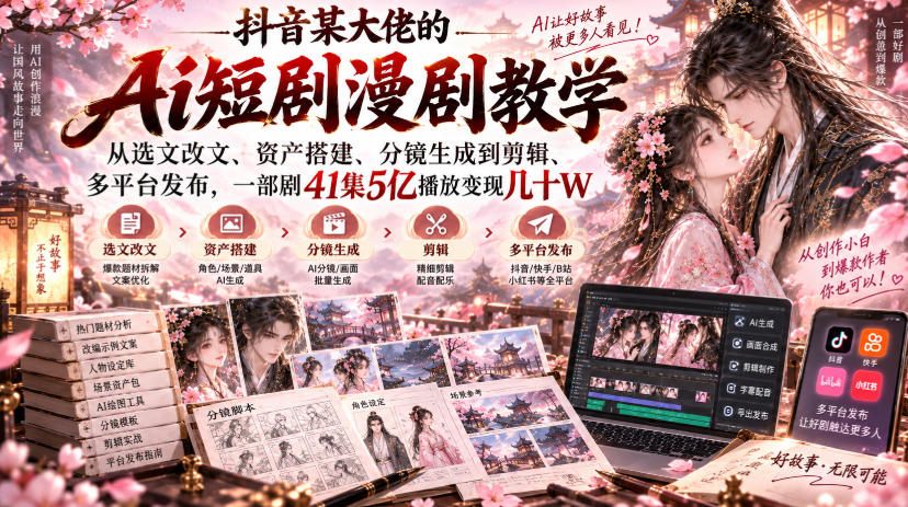抖音某大佬的Ai短剧漫剧教学，从选文改文、资产搭建、分镜生成到剪辑、多平台发布，一部剧41集5亿播放变现几十W-吾爱云课堂