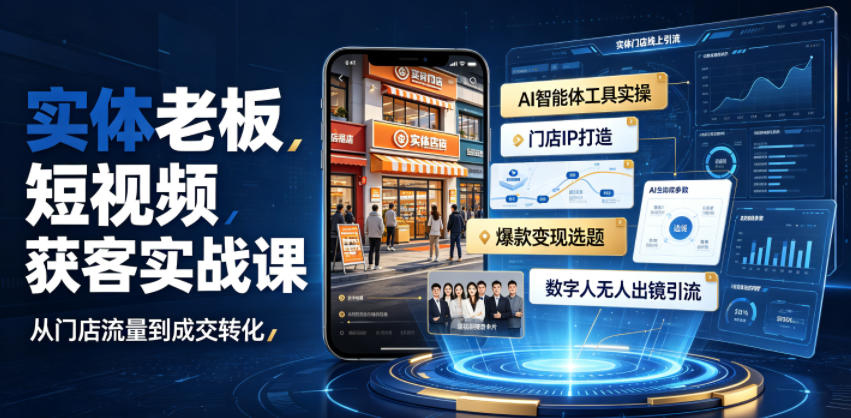 实体老板短视频获客实战课｜AI智能体工具全套实操、门店IP打造、爆款变现选题、数字人无人出镜引流完整教程-吾爱云课堂