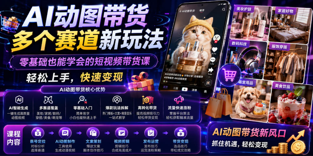 AI动图带货多个赛道新玩法，零基础也能学会的短视频带货课，轻松上手，快速变现-吾爱云课堂