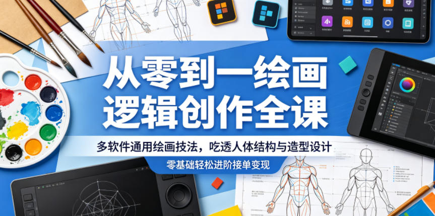 从零到一绘画逻辑创作全课，多软件通用绘画技法，吃透人体结构与造型设计，零基础轻松进阶接单变现-吾爱云课堂
