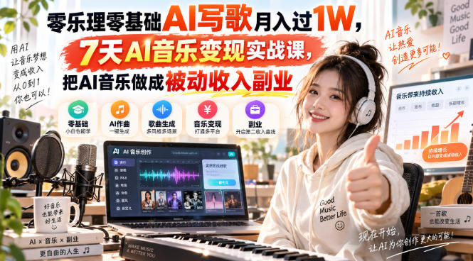 零乐理零基础AI写歌月入过1W，7天AI音乐变现实战课，把AI音乐做成被动收入副业-吾爱云课堂