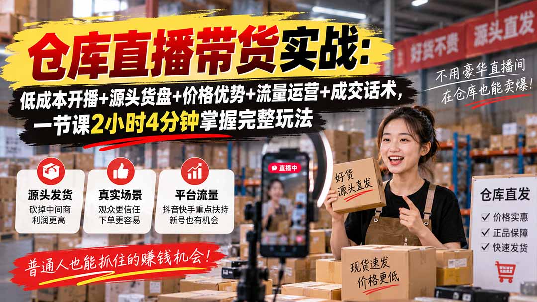 仓库直播带货实战：低成本开播+源头货盘+价格优势+流量运营+成交话术，一节课2小时4分钟掌握完整玩法-吾爱云课堂