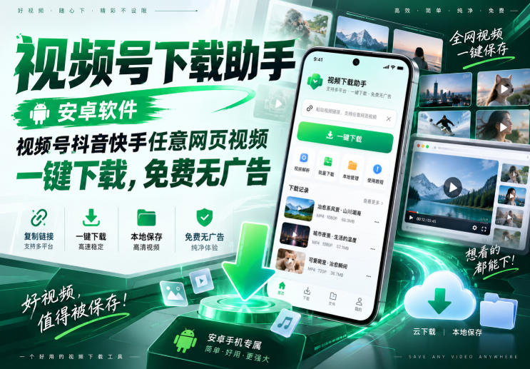 视频号下载助手，安卓软件，视频号抖音快手任意网页视频，一键下载，免费无广告-吾爱云课堂
