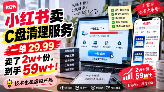 小红书卖C盘清理服务，一单29.99，卖了2w+份，技术也是虚拟产品-吾爱云课堂