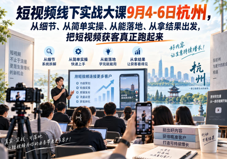 短视频线下实战大课9月4-6日杭州，从细节、从简单实操、从能落地、从拿结果出发，把短视频获客真正跑起来-吾爱云课堂