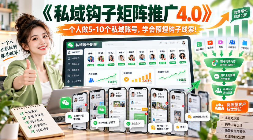 【无水印】《私域钩子矩阵推广4.0》一个人做5-10个私域账号，学会预埋钩子线索！-吾爱云课堂