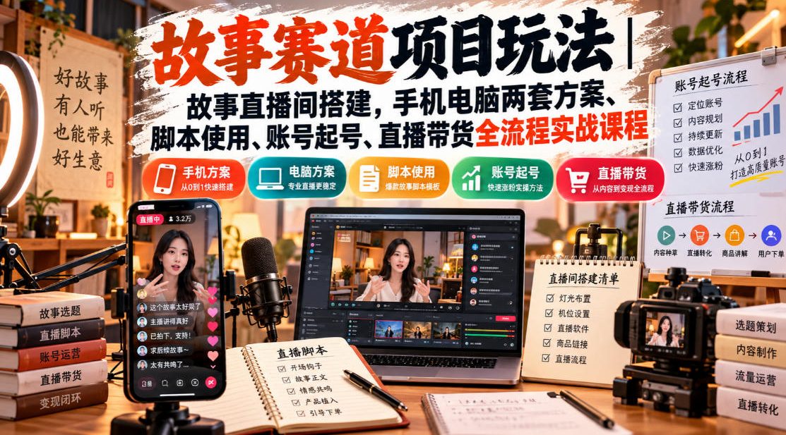 故事赛道项目玩法|故事直播间搭建,手机电脑两套方案、脚本使用、账号起号、直播带货全流程实战课程-吾爱云课堂