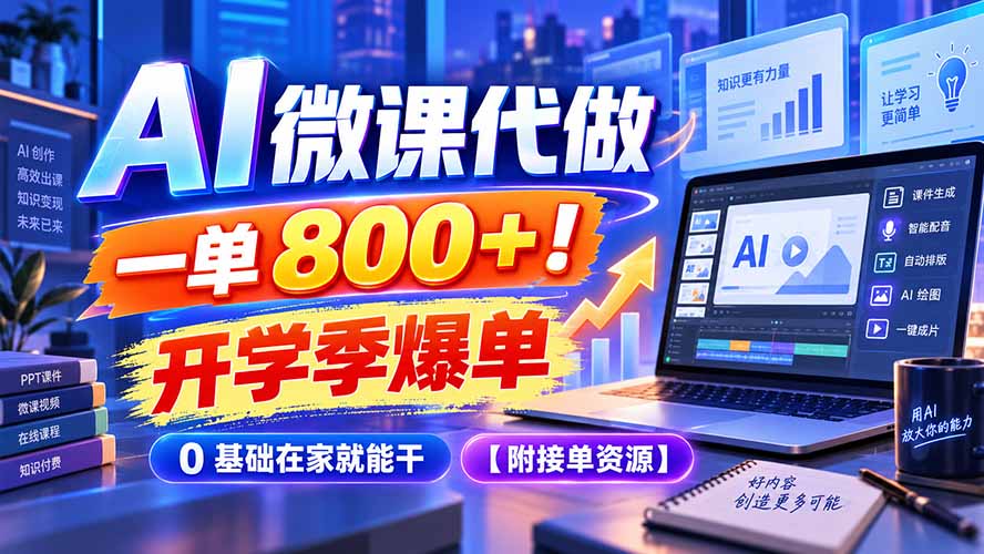 AI 微课代做，一单 800+！开学季爆单，0 基础在家就能干【附接单资源】-吾爱云课堂
