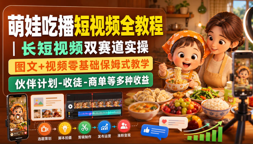 萌娃吃播短视频全教程｜长短视频双赛道实操，图文+视频零基础保姆式教学，伙伴计划-收徒-商单等多种变现方式-吾爱云课堂