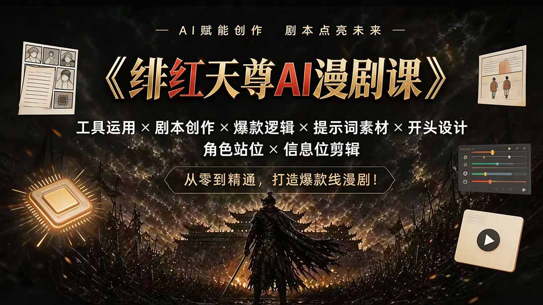 绯红天尊AI漫剧课｜工具运用×剧本创作×爆款逻辑×提示词素材×开头设计×角色站位×信息位剪辑-吾爱云课堂