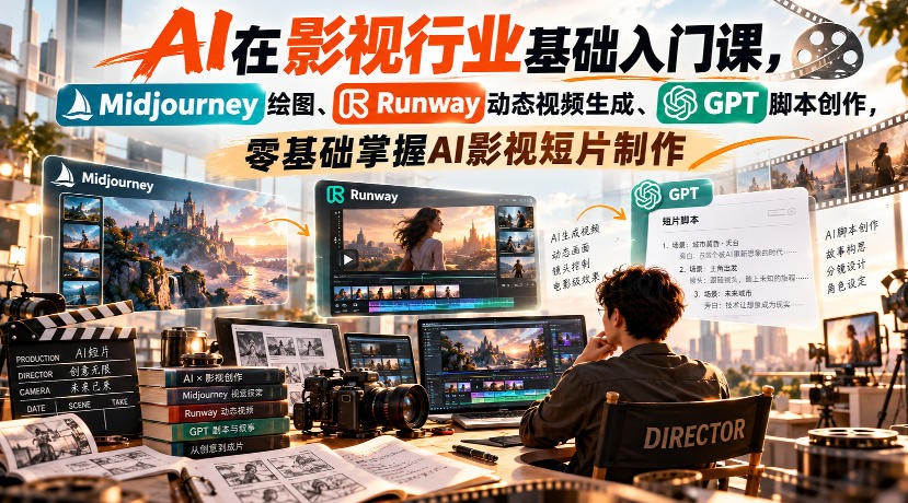 【无水印】AI在影视行业基础入门课，Midjourney绘图、Runway动态视频生成、GPT脚本创作，零基础掌握AI影视短片制作-吾爱云课堂