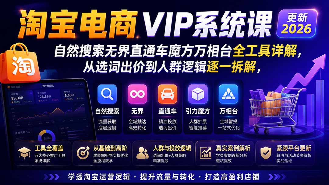 淘宝电商VIP系统课-更新8月；自然搜索无界直通车魔方万相台全工具详解，从选词出价到人群逻辑逐一拆解-吾爱云课堂
