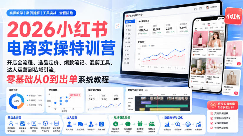 2026小红书电商实操特训营｜开店全流程、选品定价、爆款笔记、混剪工具、达人运营到私域引流，零基础从0到出单系统教程-吾爱云课堂