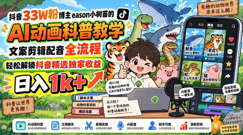 抖音33W粉博主eason小树苗的AI动画科普教学，文案剪辑配音全流程，轻松解锁抖音精选独家收益，日入1k+-吾爱云课堂