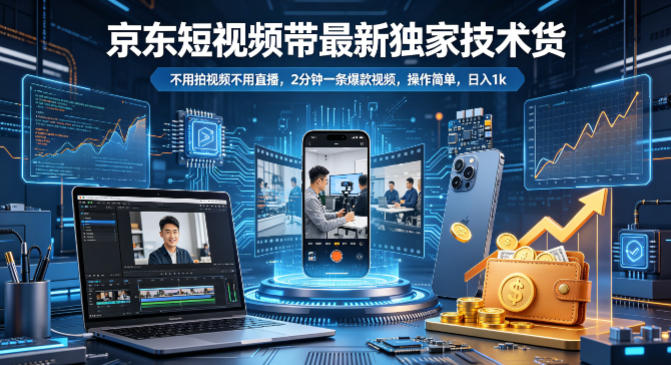 京东短视频带货最新独家技术，不用拍视频不用直播，2分钟一条爆款视频，操作简单，日入1k+【揭秘】-吾爱云课堂