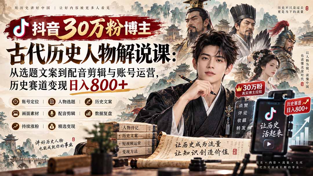抖音30万粉博主古代历史人物解说课：从选题文案到配音剪辑与账号运营，历史赛道变现日入800+-吾爱云课堂