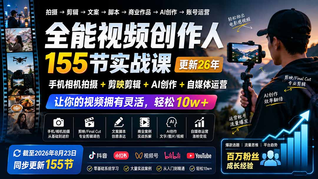 全能视频创作人155节实战课-更新26年8月：手机相机拍摄+剪映剪辑+AI创作+自媒体运营，让你的视频拥有灵活，轻松10w-吾爱云课堂