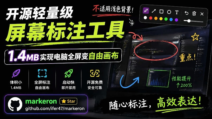 开源轻量级屏幕标注工具，1.4MB实现电脑全屏变自由画布！支持8种标注工具和全键盘操控MarkerOn-吾爱云课堂
